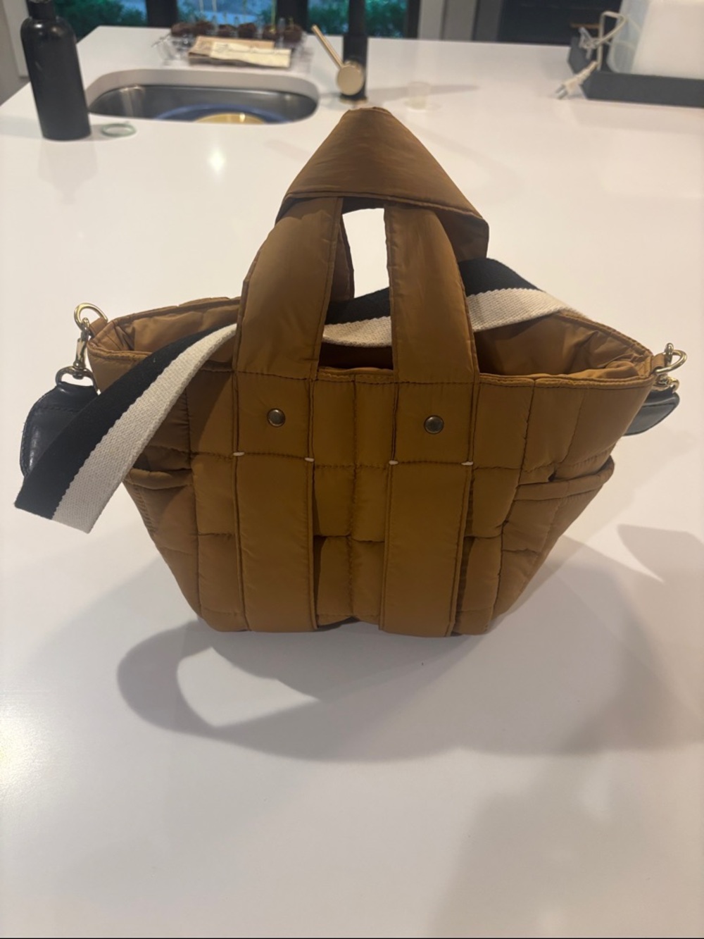 Clare V. Quilted Puffer Tote in Mustard with Strap